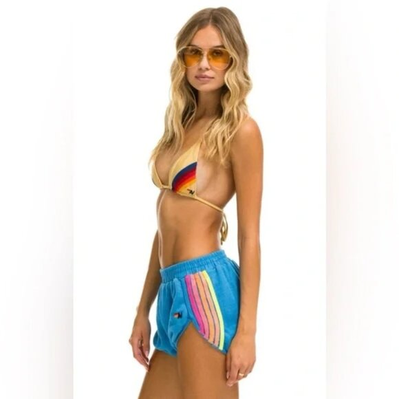 NWOT Aviator Nation 5 Stripe Jogger Shorts Ocean / Neon Pink & Yellow Size Large - Picture 1 of 7